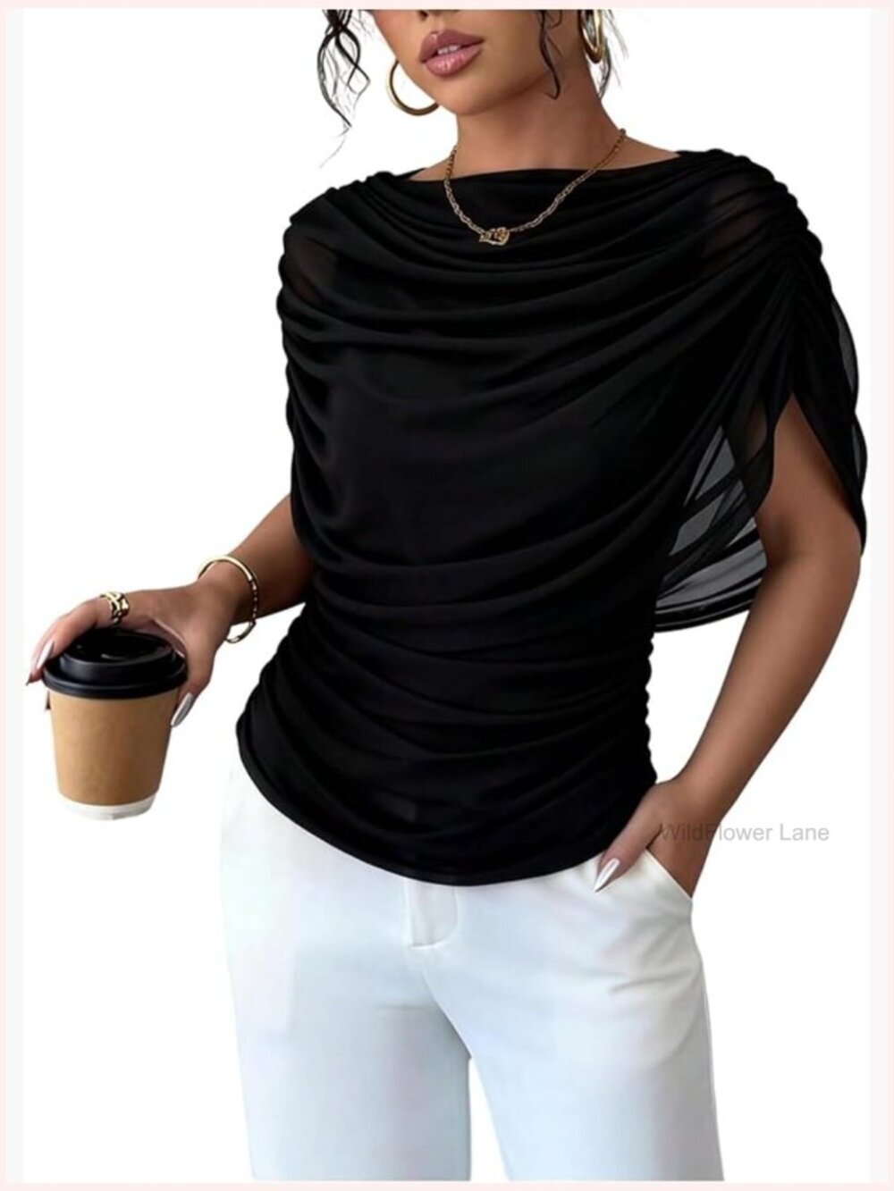 Ruched Mesh Drape Top Boat Neck Blouse Going Out Tunic